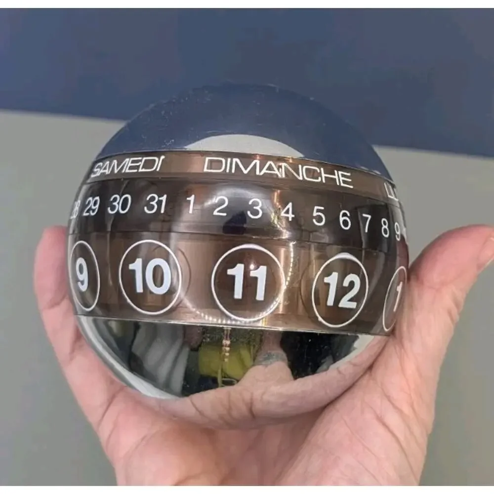 Space Age Ball Perpetual Calendar Mirror PORPHYRE Plastic France 1970s Chrome